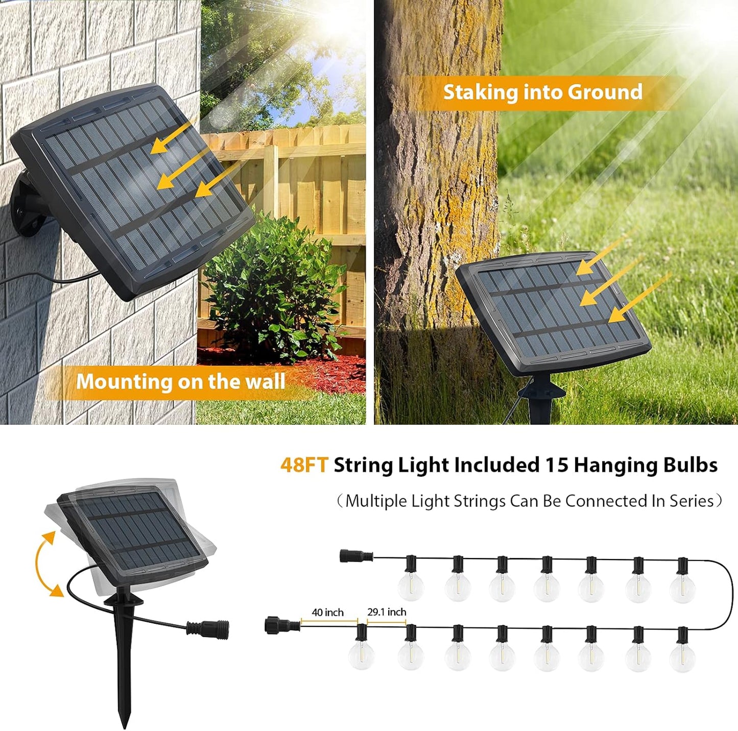 48Ft Solar String Lights Outdoor Patio Lights Solar Powered Waterproof G40 Globe Hanging Lights with 15 LED Shatterproof Bulbs for Backyard Balcony Bistro Party Solar Cafe Light Outdoor String Light