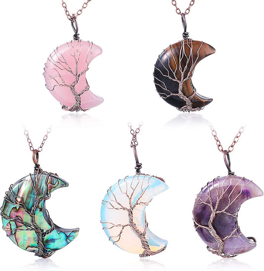 5 Pieces Tree Life Crescent Moon Necklace Copper Wire Wrap Natural Gemstones Healing Crystal Pendant Quartz Jewelry