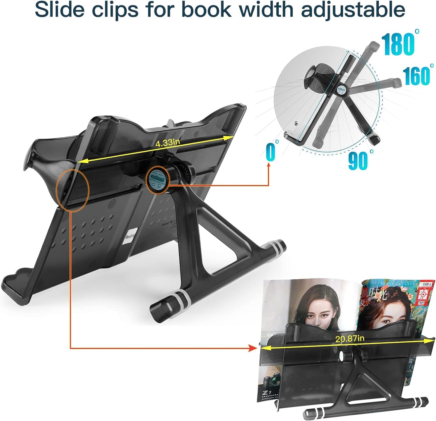 Book Stand for Reading with Light Adjustable Book Holder Stand Reading Stands Flip Page by One Hand Portable Desktop Book Stands for Thick Books Textbook Cookbook Document Magazine (Black)