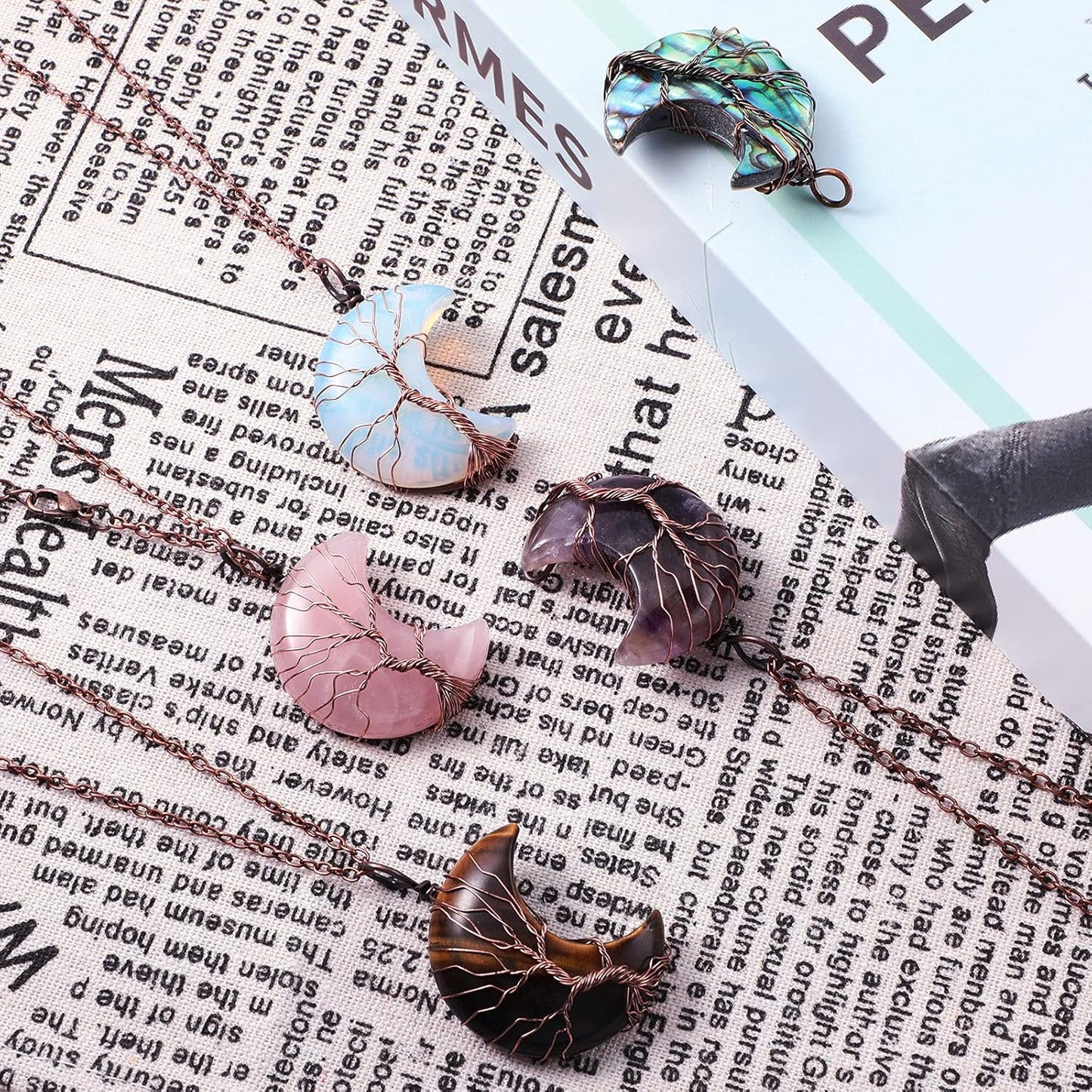 5 Pieces Tree Life Crescent Moon Necklace Copper Wire Wrap Natural Gemstones Healing Crystal Pendant Quartz Jewelry