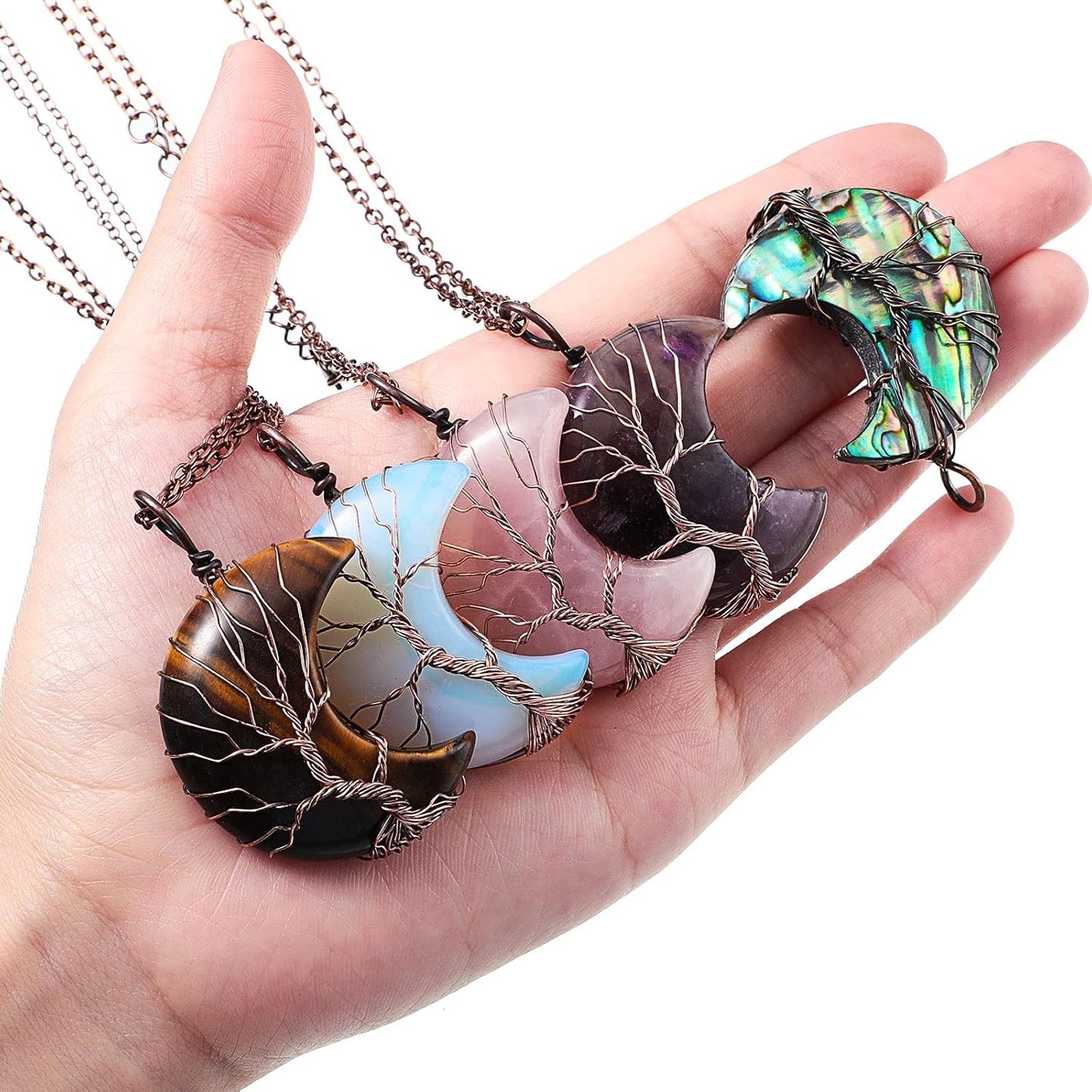 5 Pieces Tree Life Crescent Moon Necklace Copper Wire Wrap Natural Gemstones Healing Crystal Pendant Quartz Jewelry