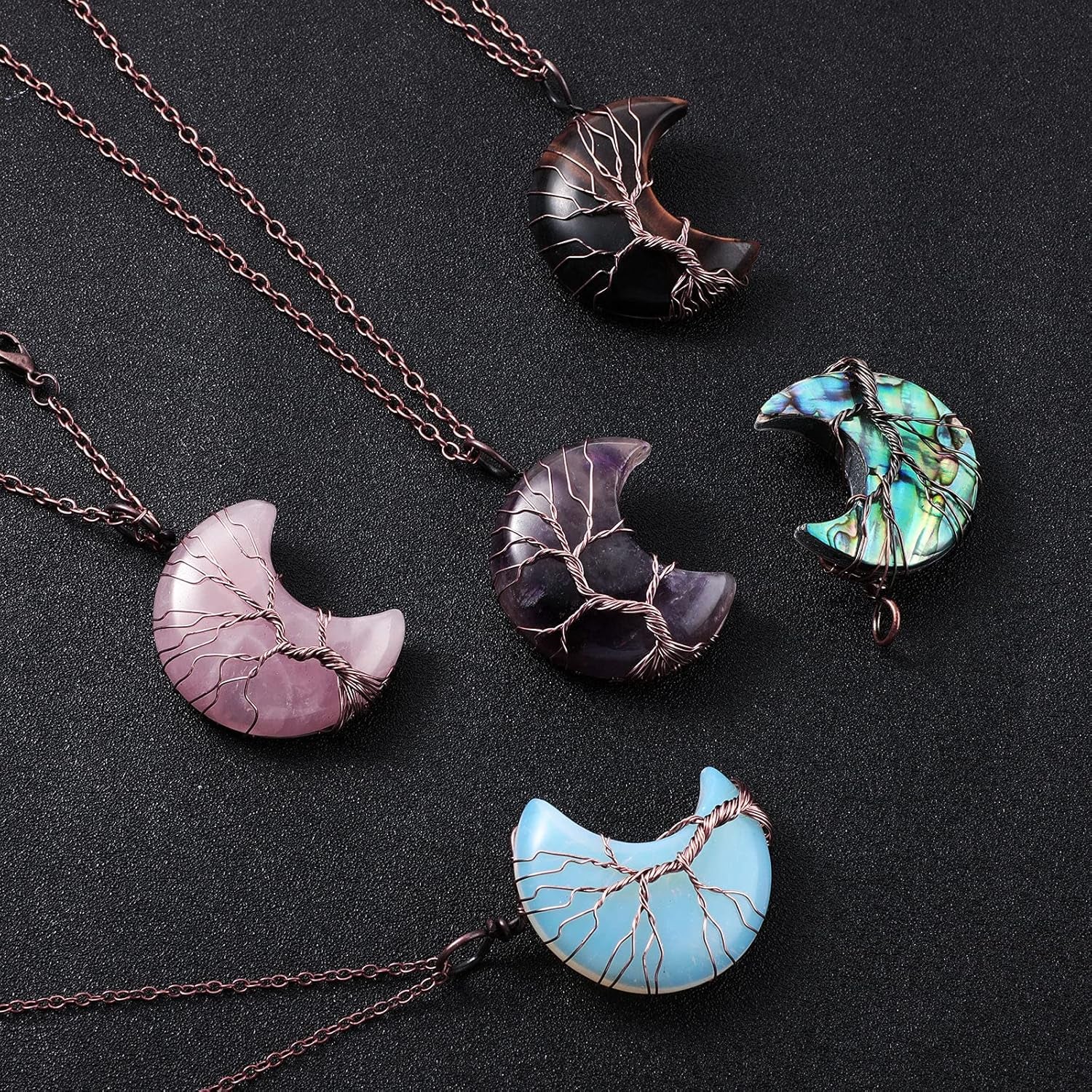 5 Pieces Tree Life Crescent Moon Necklace Copper Wire Wrap Natural Gemstones Healing Crystal Pendant Quartz Jewelry