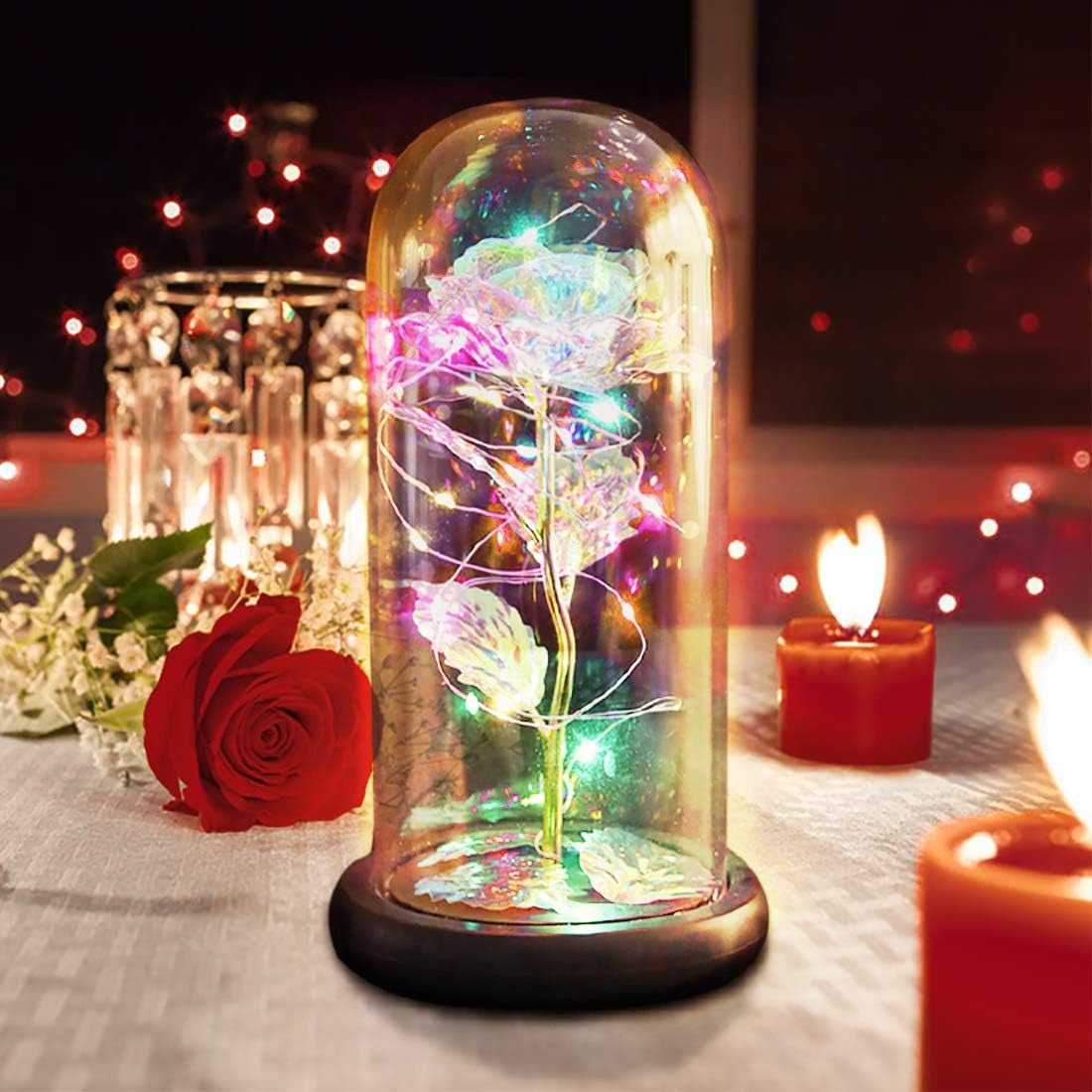 Beauty and the Beast Rose Gift Enchanted Colorful Led Galaxy Crystal Rose Flower Light in Glass Dome, Unique Gifts for Her, Women, Valentine'S Day, Mom, Mother'S Day, Birthday, Christmas